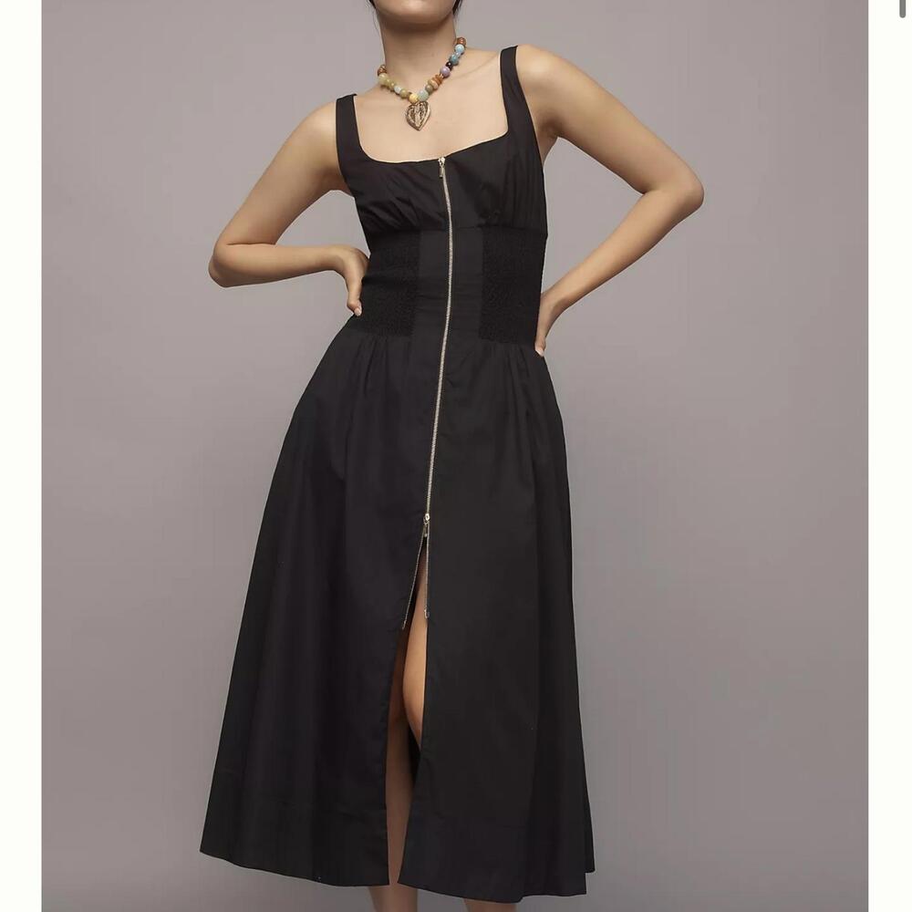 Anthropologie Tommie Sleeveless Scoop-neck Black Midi Dress XS Front Zipper